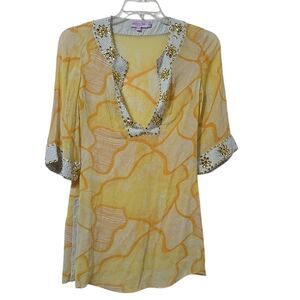 Calypso Christiane Celle Silk Yellow Floral Embellished Top S Swiftie Swim Women